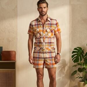 MR TURK Men's Short Jumpsuit Multi color Plaid Cotton size Small